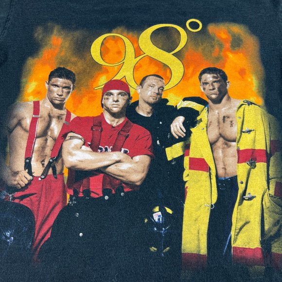 VTG 1999 98 Degrees Heat It Up Tour Shirt Large Black Faded Fire Fighter Tee - Picture 2 of 11